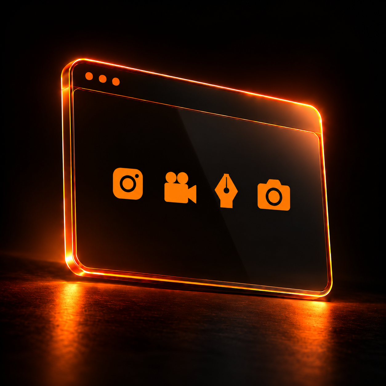 Painel de vidro com bordas iluminadas em laranja e reflexo no chão. Ícones de Instagram, filmagem, design e fotografia em uma única fila.